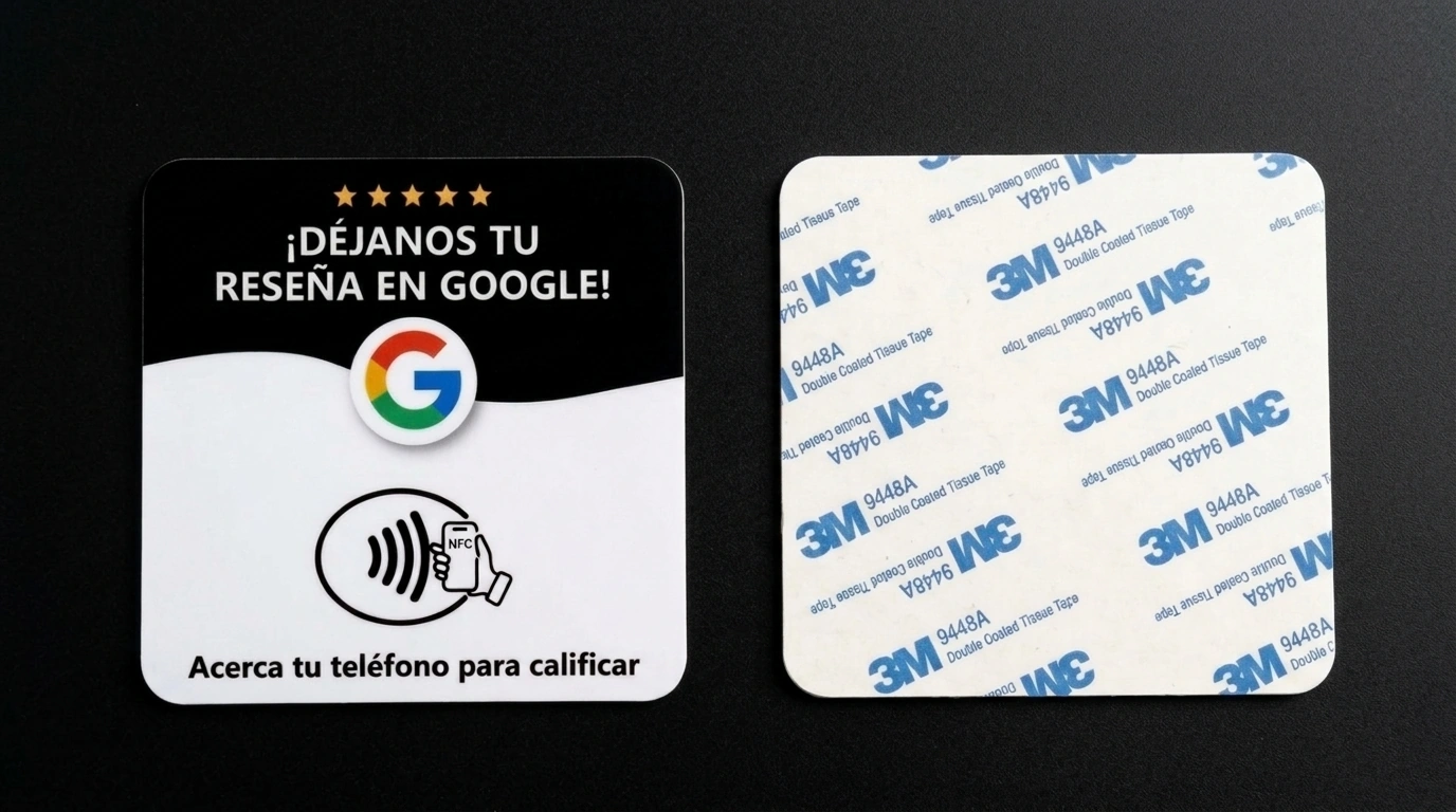Fotografía real de la tarjeta del propietario: frente para reseñas de Google y reverso adhesivo 3M
